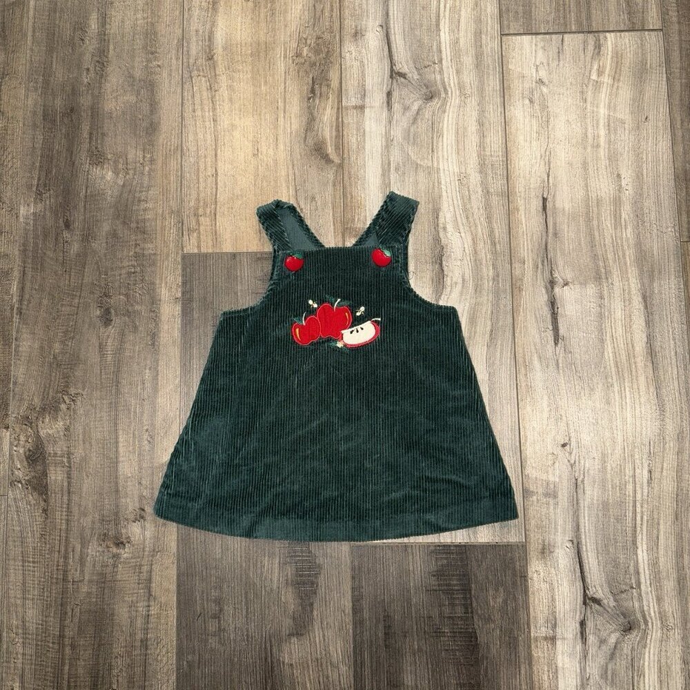 Vintage Peaches & Cream Girls Green Corduroy Jumper‎ with Apples Size 18 Mon